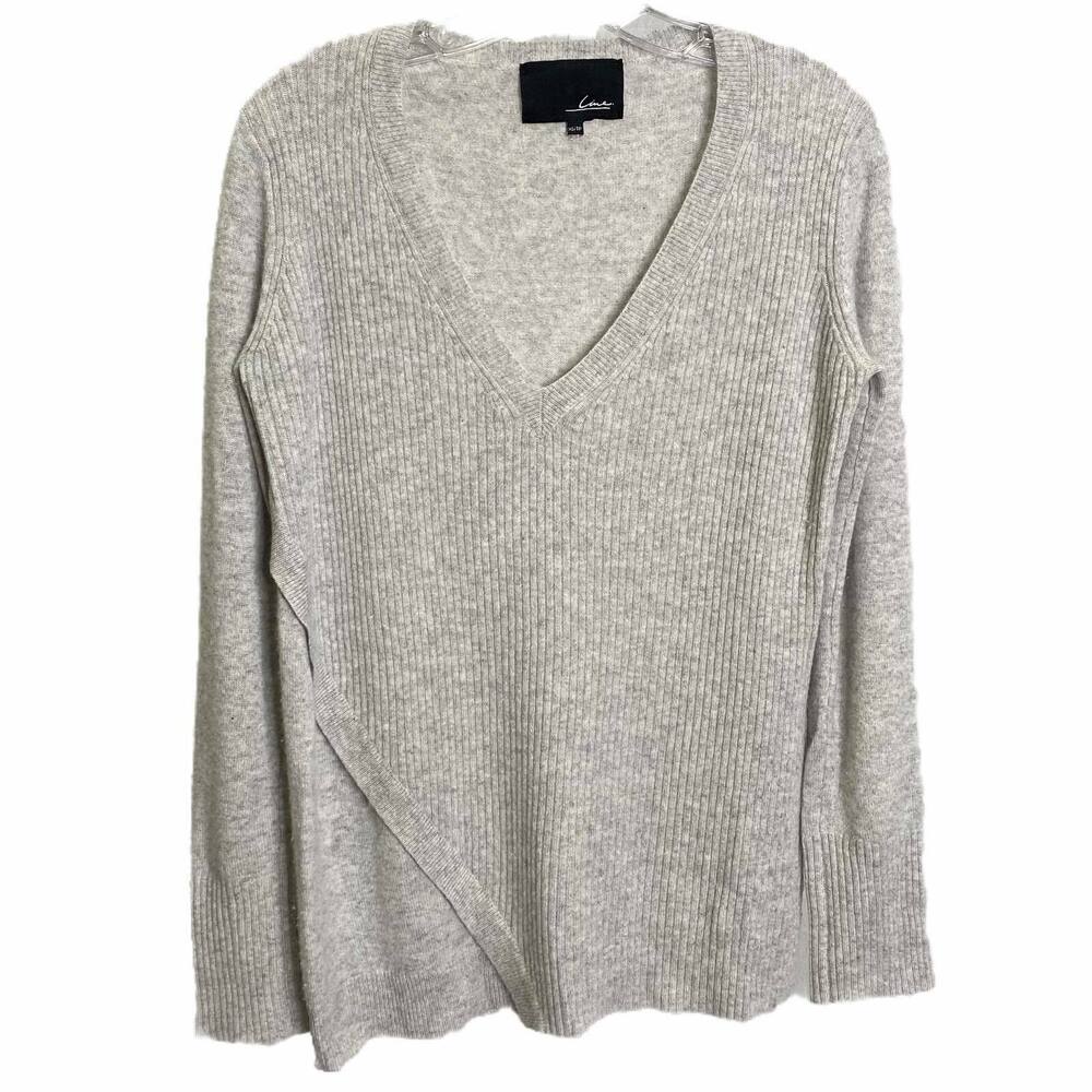 Line Knitwear Womens 100% Cashmere V-Neck Sweater Heather Gray Ribbed XS TP‎